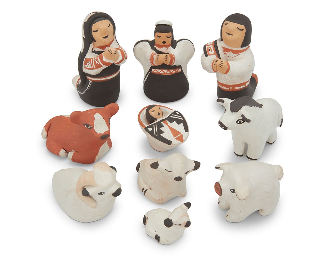Stella Teller (b. 1929, Isleta Pueblo) A polychrome pottery Christmas nativity set, 1970 Each: Stella Teller (b. 1929, Isleta Pueblo)A polychrome pottery Christmas nativity set, 1970Each variously signed: S. Teller / Stella Teller; further marked: Isleta NM; one datedComprising Mary, Joseph, th