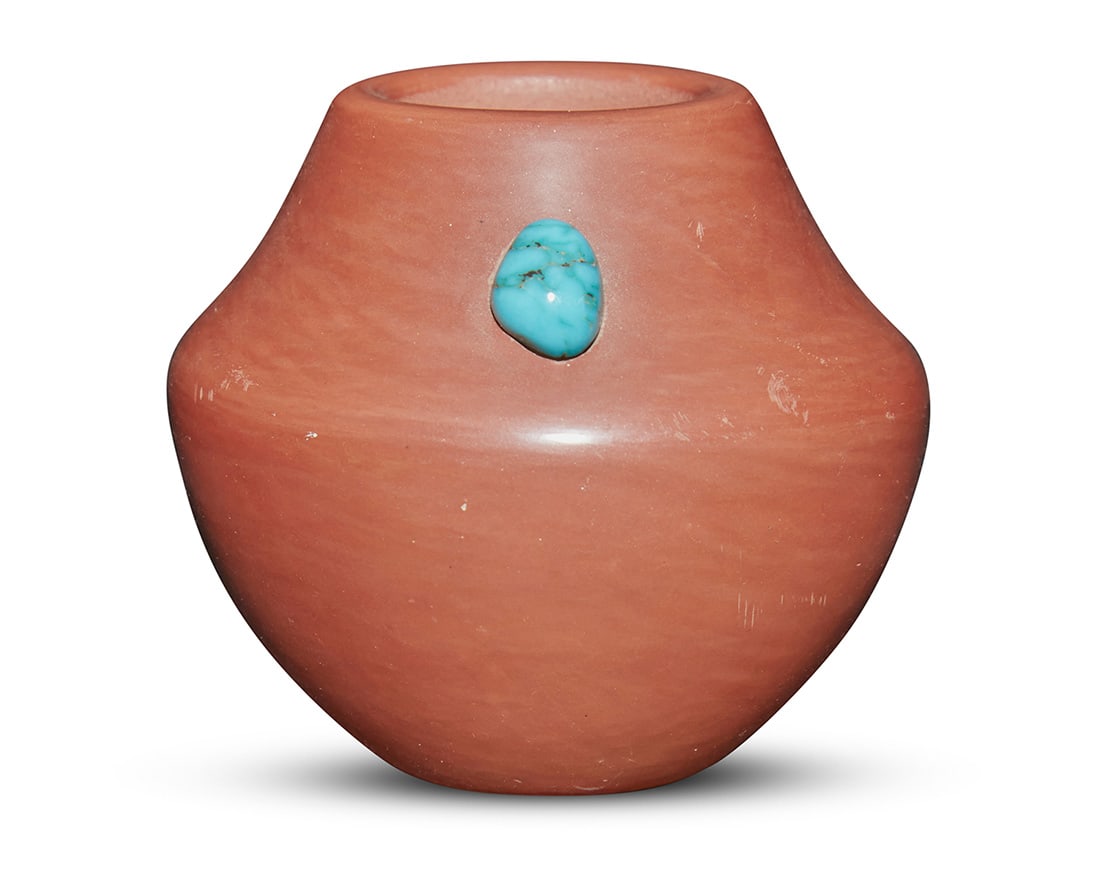 Dora Tse-Pe (1939-2022, Zia/San Ildefonso Pueblo) A diminutive redware pottery turquoise inset (1 of 5)