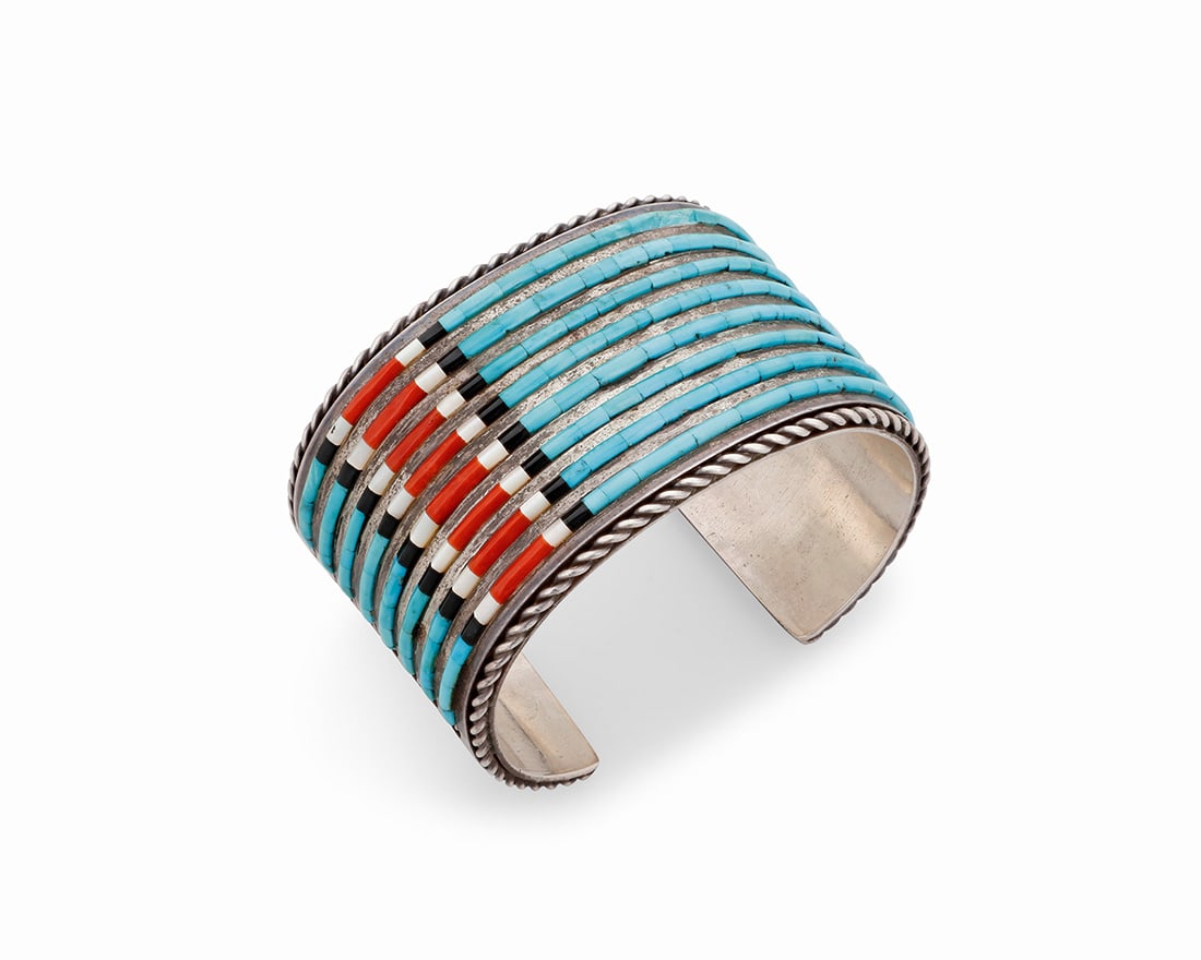 A Jimmie King Jr Navajo sterling silver and stone inlay cuff bracelet (1 of 4)