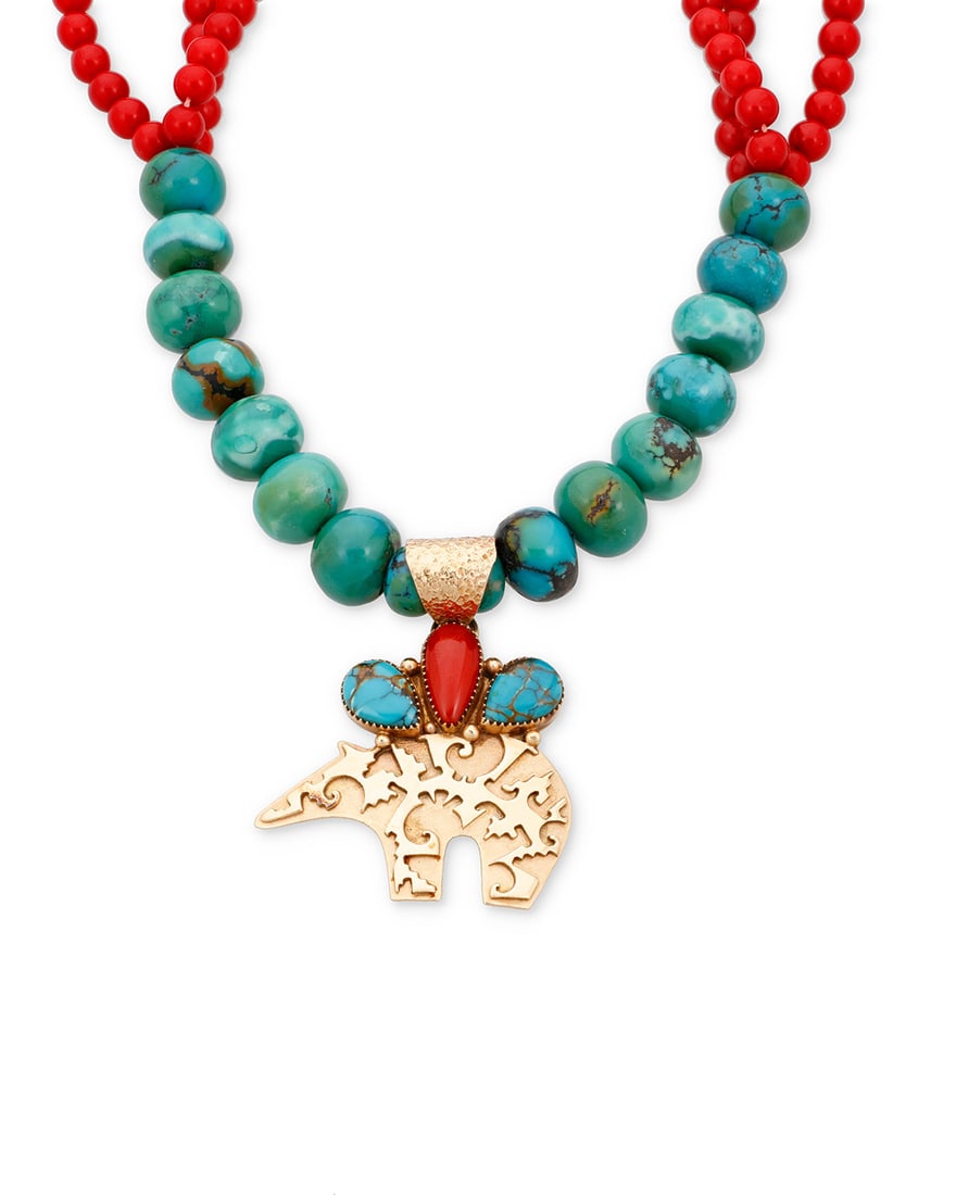 A Danny Clark Navajo 14K gold, coral, and turquoise bead necklace Danny Clark (b. 20th century, (1 of 3)