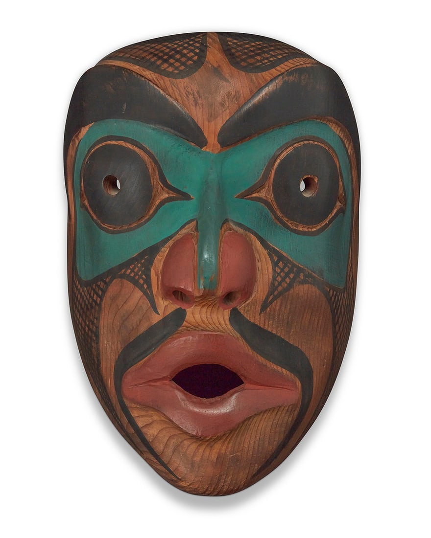 A Northwest Coast polychrome carved cedar mask 20th century Unmarked 10" H x 6.75" W x 4.5" D (1 of 4)