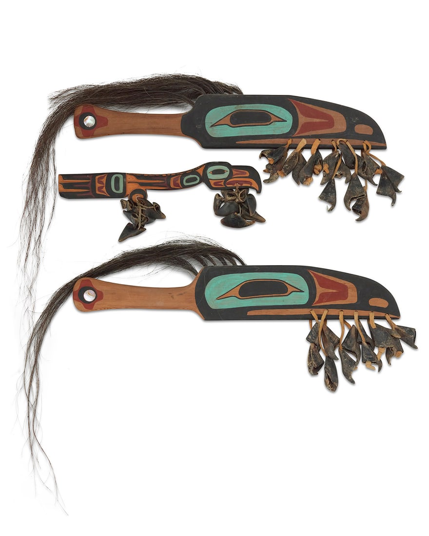 Three Northwest Coast polychrome carved cedar raven rattles (1 of 3)