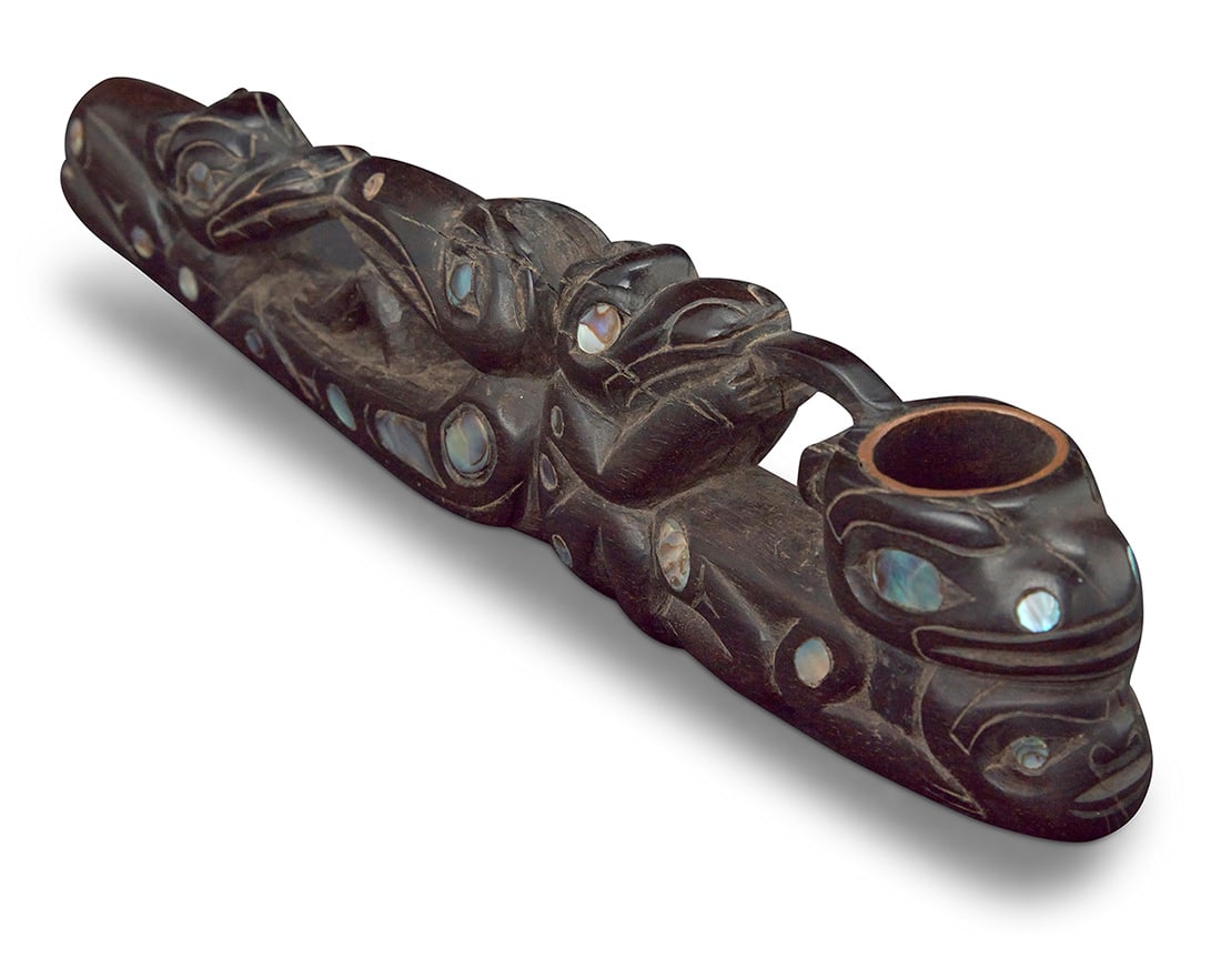 Rich Lavalle (adopted Tlingit, b. 1945) A carved wood and inset abalone shell pipe, circa 1970s (1 of 5)
