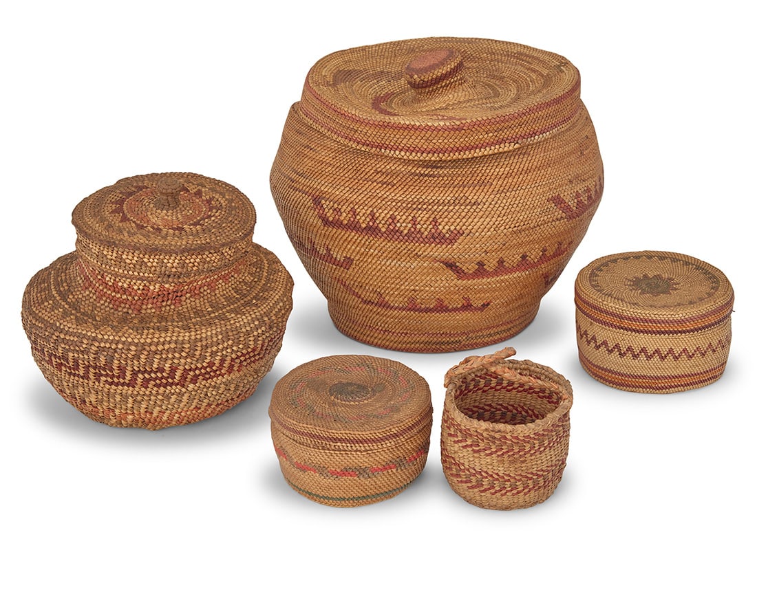 A group of polychrome Northwest Coast baskets Early/mid-20th century; Pacific Northwest Comprising (1 of 11)