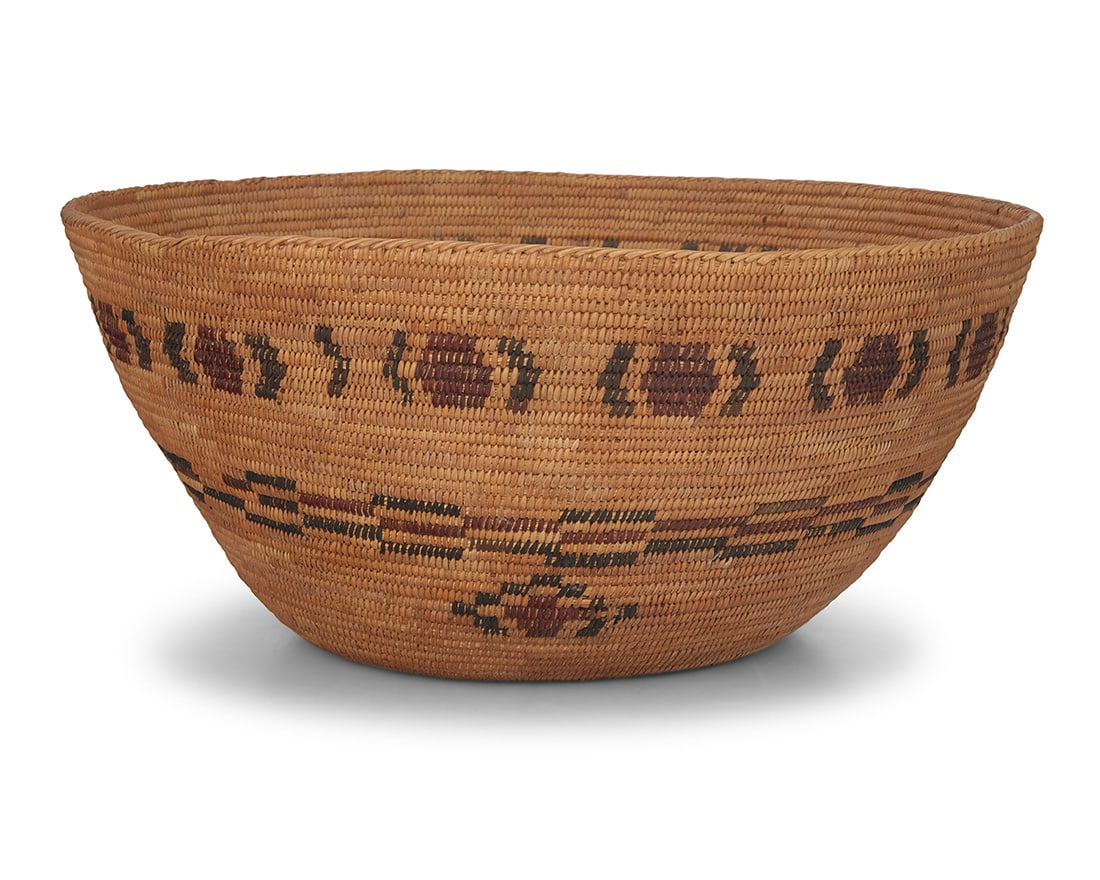 A large polychrome Yokuts basket Central California A large coiled tapered basketry bowl with (1 of 6)
