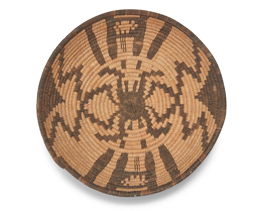 A Southwest pictorial spider basket Mid-20th century A coiled basketry tray with stepped spider (1 of 6)