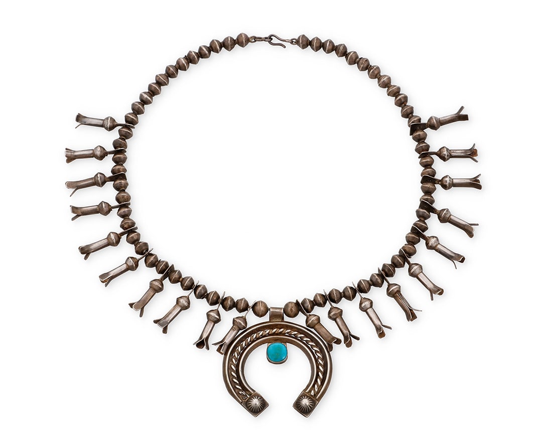 A diminutive Southwest silver and turquoise squash blossom necklace Early/mid-20th century (1 of 2)