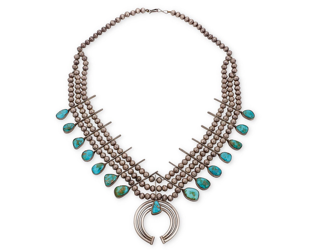 A Southwest sterling silver and turquoise squash blossom necklace Early/mid-20th century Unmarked (1 of 2)
