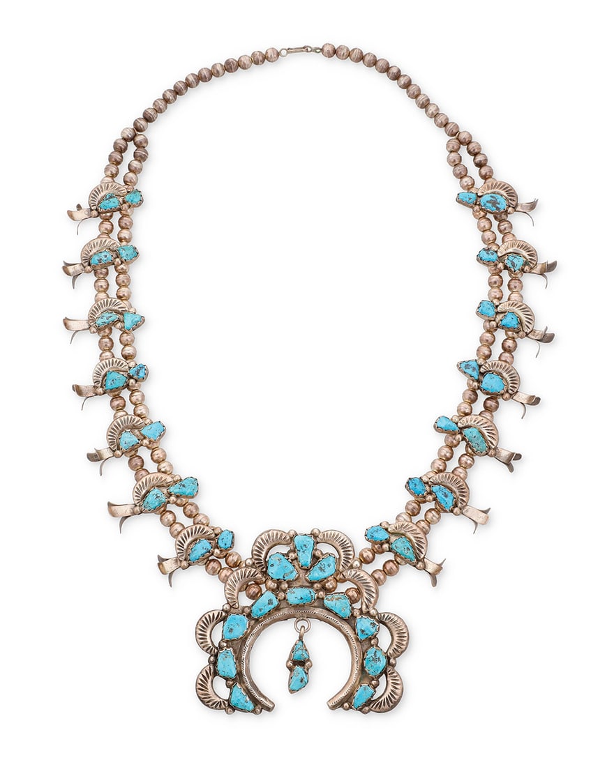 A Southwest Zuni sterling silver and turquoise squash blossom necklace Attributed to Dan Simplicio (1 of 2)