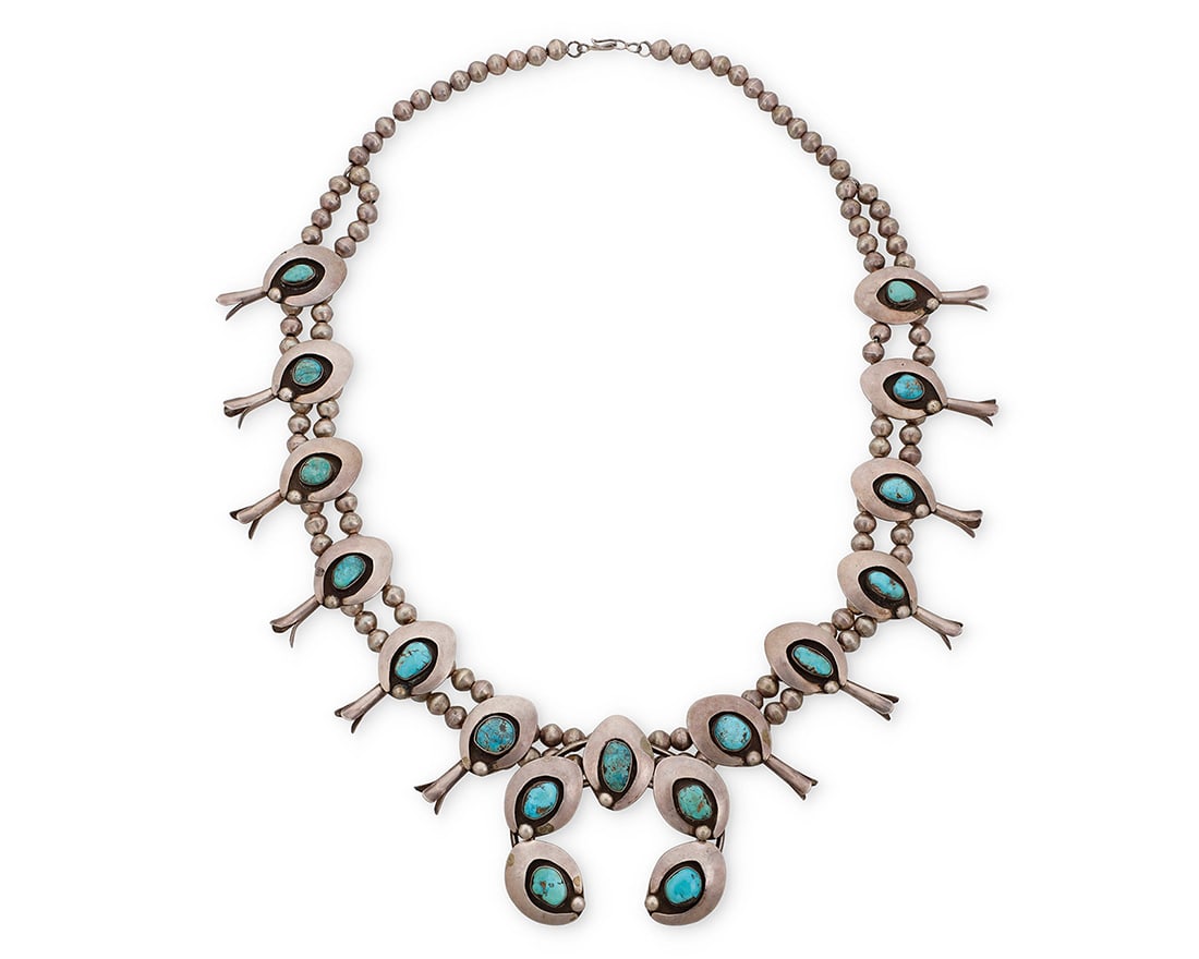 A Southwest silver and turquoise squash blossom necklace Mid/late 20th century With etched mark: (1 of 2)