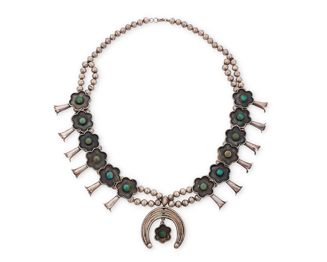 A Southwest silver and turquoise squash blossom necklace Mid/late 20th century Unmarked A (1 of 2)
