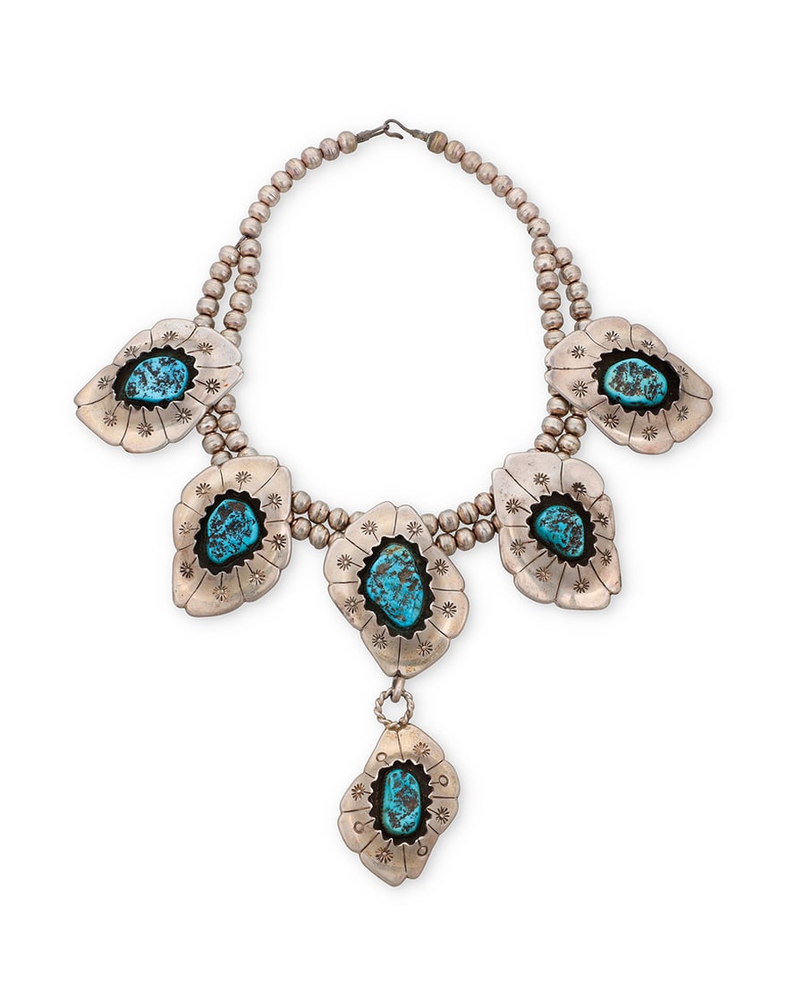 A Southwest silver and turquoise squash blossom style necklace Mid/late 20th century Stamped with (1 of 3)