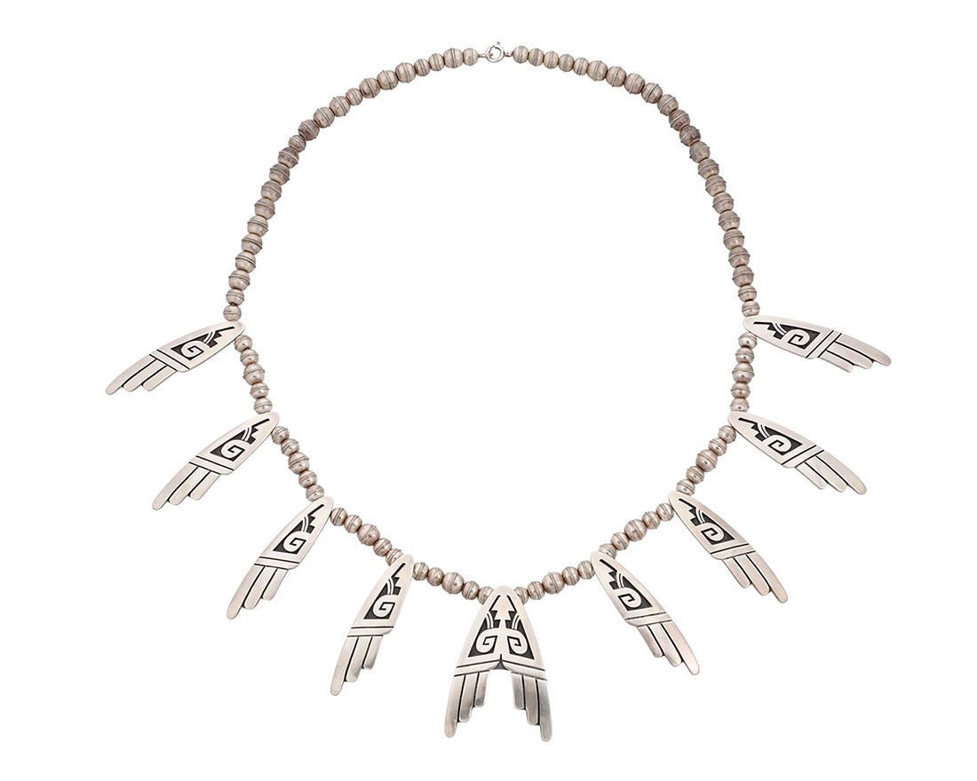 A Dwayne Lomayestewa Hopi sterling silver overlay necklace Dwayne Lomayestewa (b. 20th century; (1 of 2)