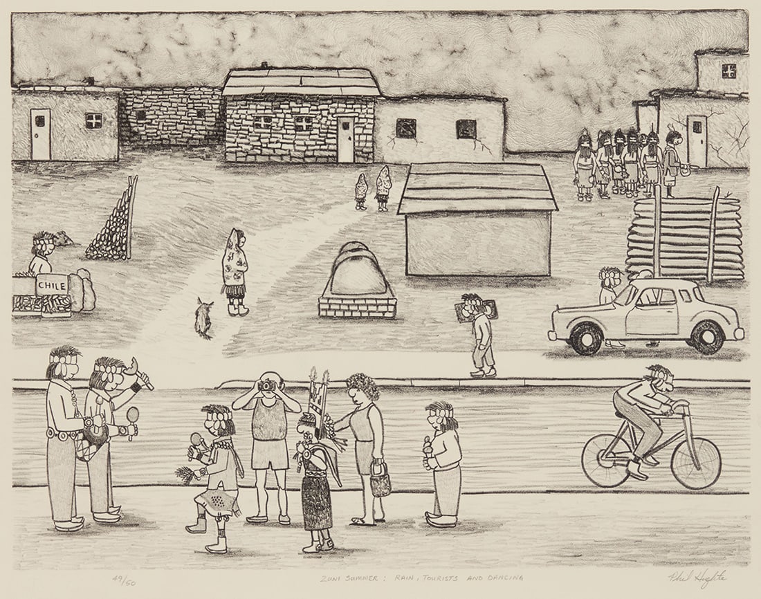 Phil Hughte (1954-1997, Zuni) "Zuni Summer: Rain, Tourists and Dancing," 1989 Lithograph on wove (1 of 8)