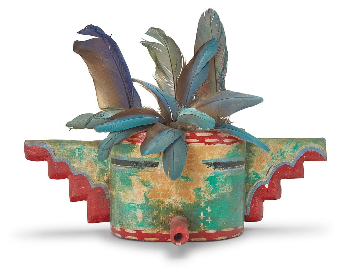 Gregory Lomayesva (b. 1971, Hopi-Tewa), A Hopi katsina-style polychrome carved wood mask, 1999: Gregory Lomayesva (b. 1971, Hopi-Tewa) A Hopi katsina-style polychrome carved wood mask, 1999 Twice signed and dated verso: Greg Lomayesva / 99 Mounted with decorative feathers With feathers: 10.5" H