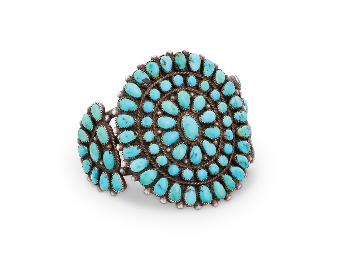 A Southwest Zuni Pueblo style sterling silver and cluster set turquoise cuff bracelet Mid-20th (1 of 3)