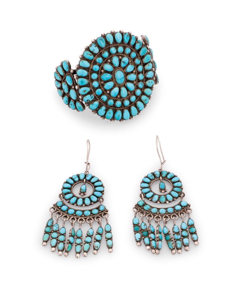 A set of Zuni Pueblo style sterling silver and cluster set turquoise jewelry Mid-20th century Each (1 of 2)