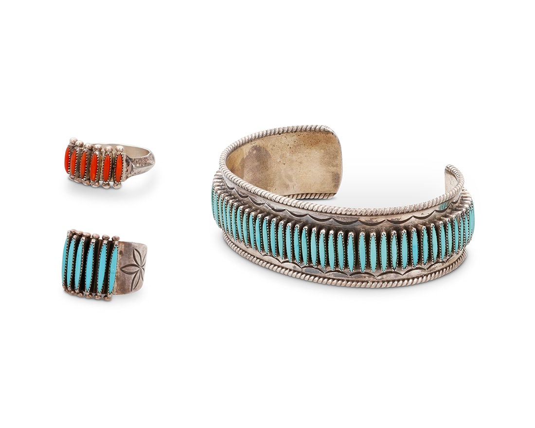 A group of Janice Paloma Zuni sterling silver and needlepoint jewelry Janice Paloma (b. 20th (1 of 5)