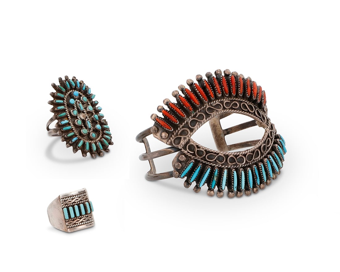 A group of Southwest style silver stone set jewelry: A group of Southwest style silver stone set jewelry Mid/late 20th century Three works: Faron Hattie (b. 20th century, Zuni Pueblo) A sterling silver and set turquoise ring Etched verso: Faron Hattie