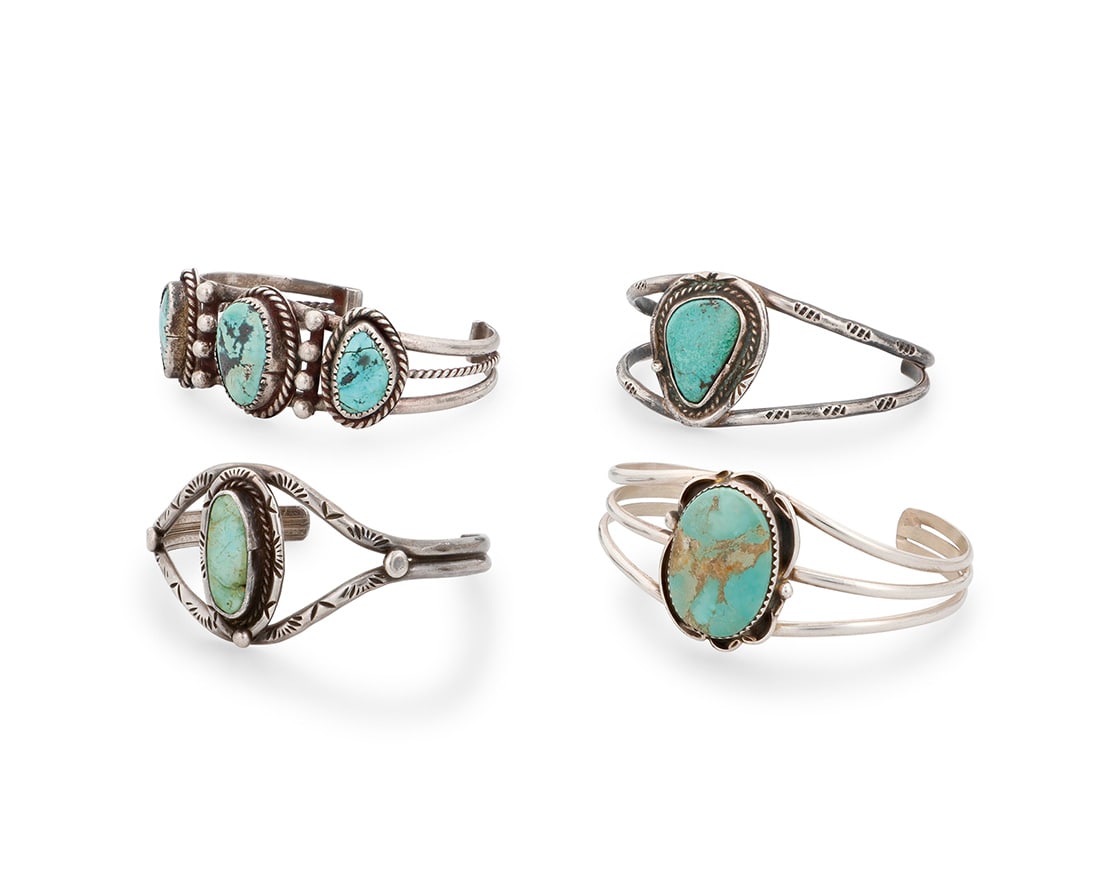 A group of Southwest silver and turquoise cuff bracelets Mid/late 20th century One marked: BBT / (1 of 3)
