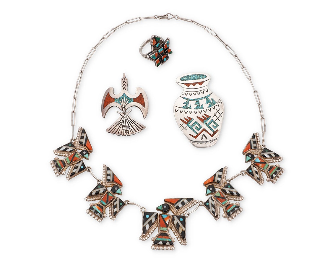 A group of Southwest sterling silver and stone inlay figural jewelry Mid/late 20th century Four (1 of 2)