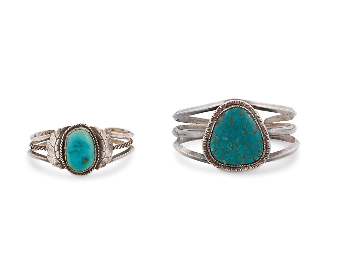 Two Southwest silver and turquoise cuff bracelets Mid/late 20th century Unmarked Comprising a (1 of 3)