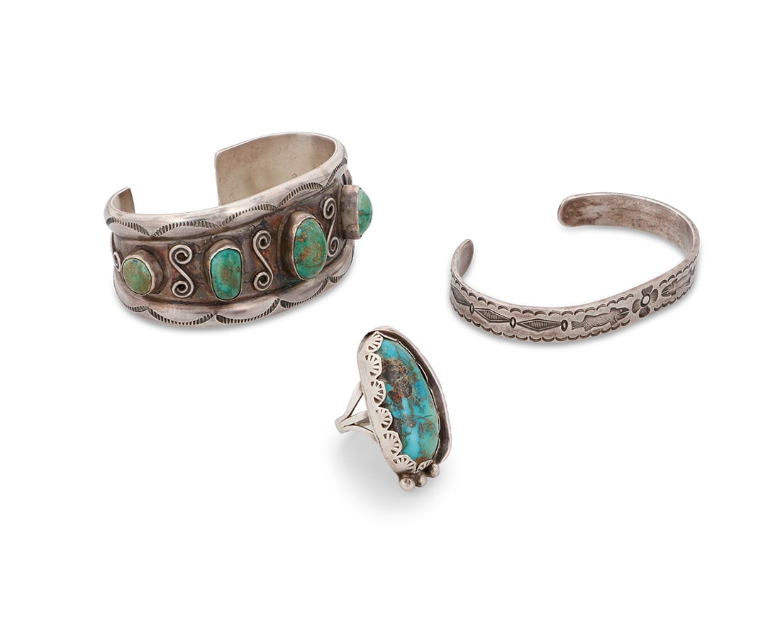 A group of Southwest sterling silver and turquoise jewelry Mid/late 20th century Most unmarked; (1 of 3)