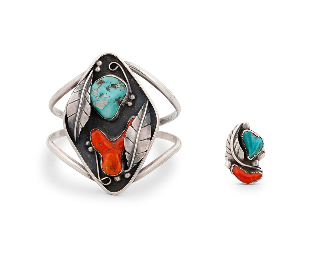 A set of Southwest sterling silver, turquoise, and coral jewelry Mid/late 20th century Two works: (1 of 2)