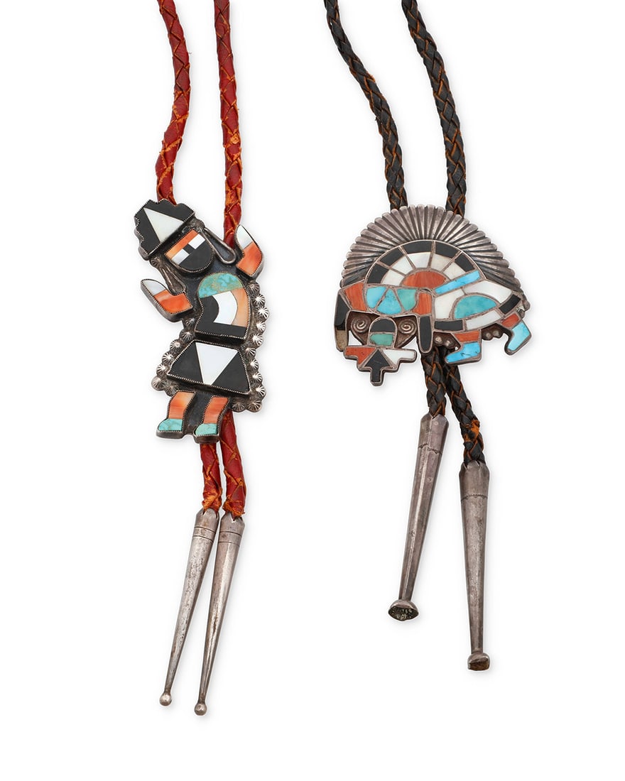 Two Zuni Pueblo style inlaid stone bolo ties Mid-20th century Each unmarked Comprising two Rainbow (1 of 2)