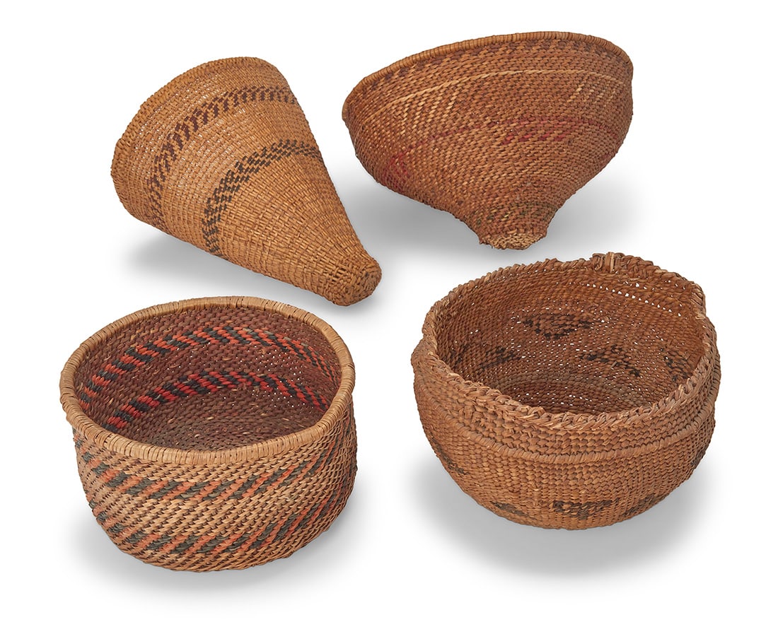 A group of Native American baskets Early/mid-20th century Four polychrome twined baskets (1 of 6)