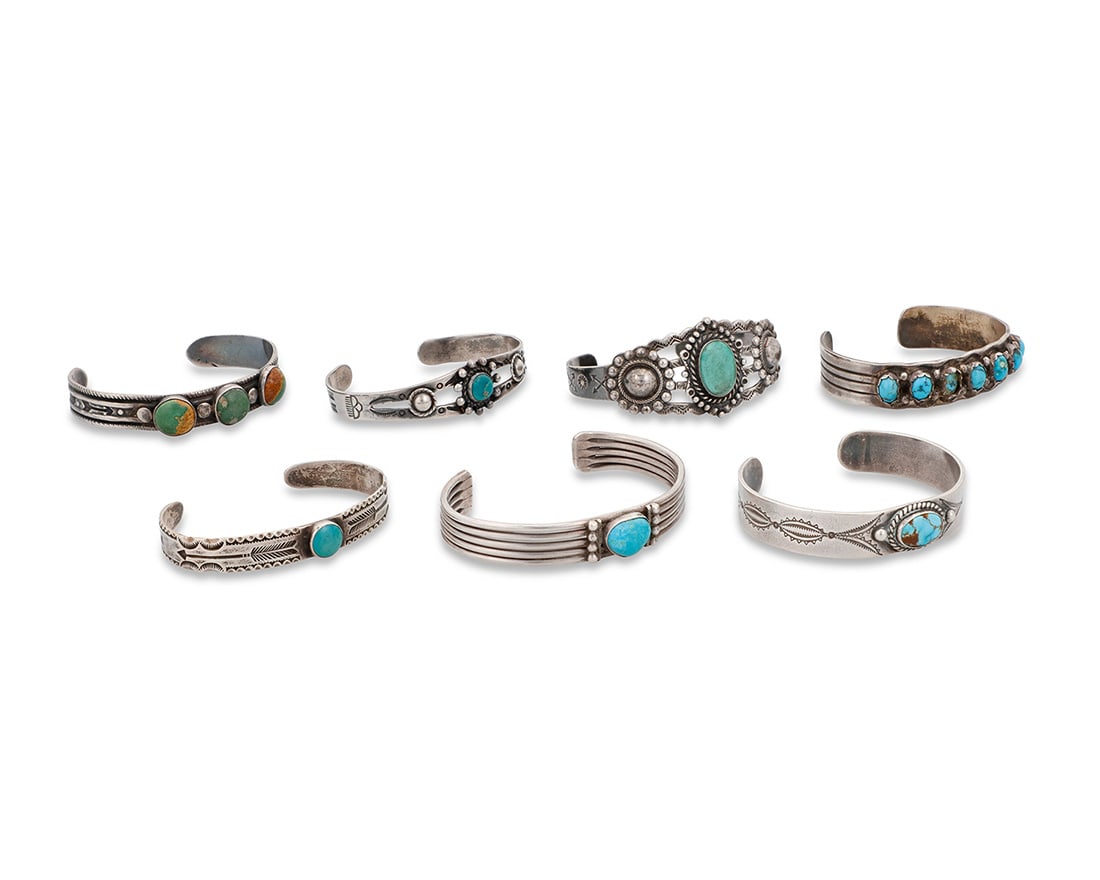 A group of Southwest style sterling silver and stone-set cuff bracelets Mid/late 20th century Four (1 of 4)