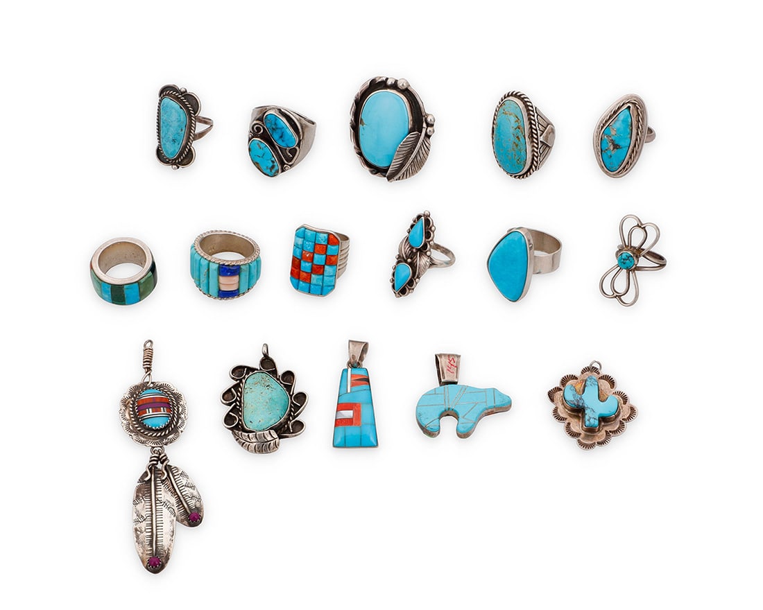 A group of Southwest style silver and stone jewelry: A group of Southwest style silver and stone jewelry Mid/late 20th century Seven variously marked for sterling and for maker: MY / [Rising sun picto] / DTR [Desert Rose Trading] / RR Comprising five