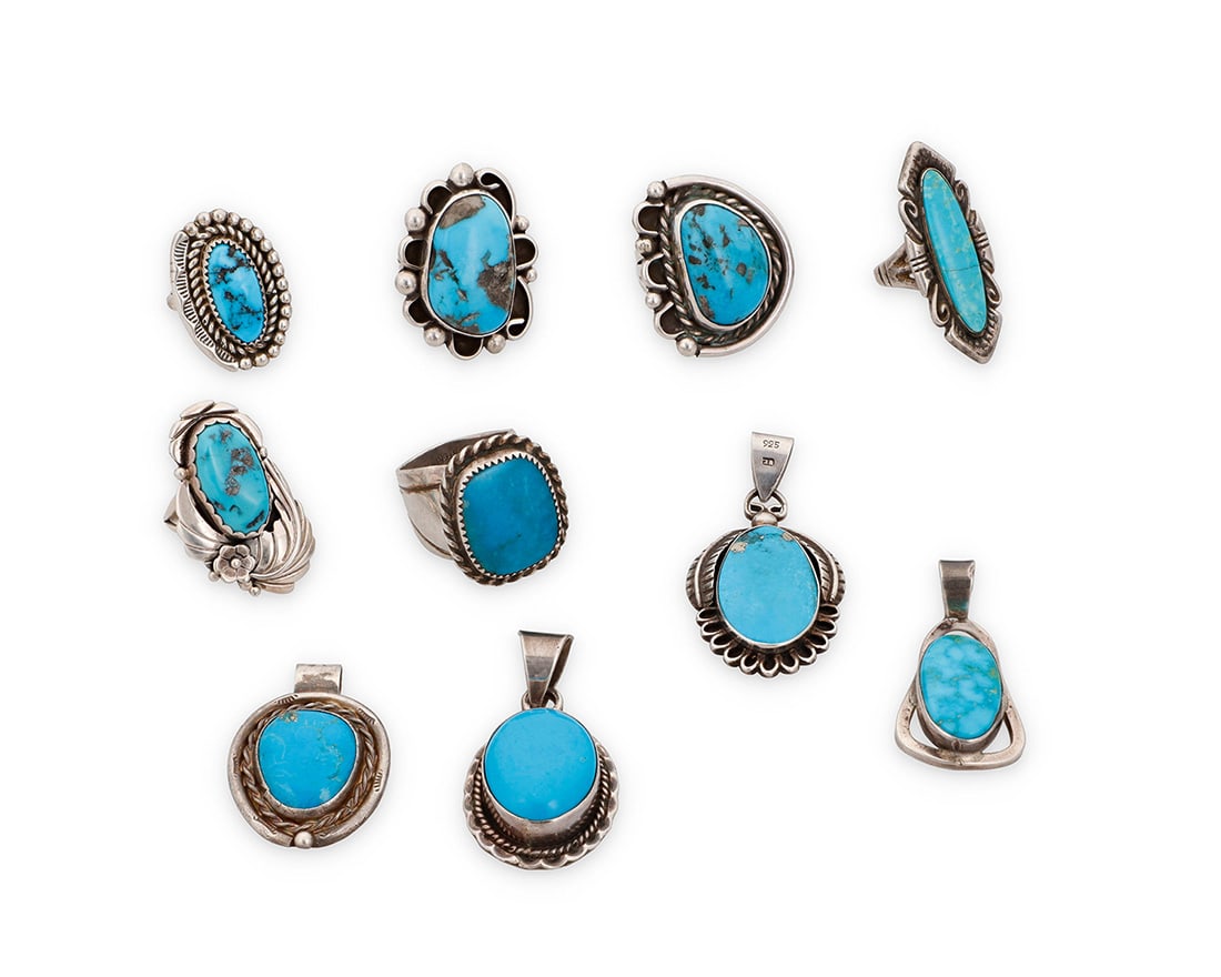 A group of Southwest silver and turquoise jewelry Mid/late 20th century Four marked for sterling; (1 of 1)