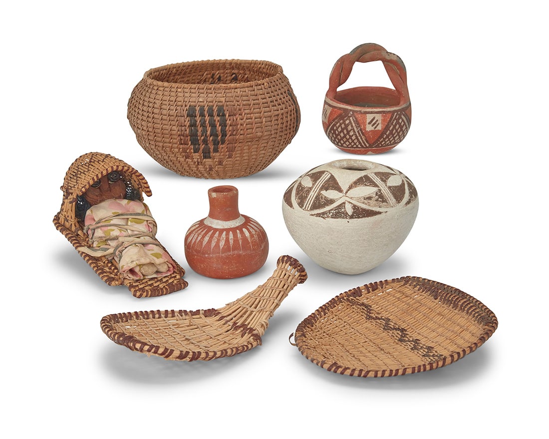 A group of small Native American items 20th century White jar marked to underside: Acoma N.M. (1 of 7)