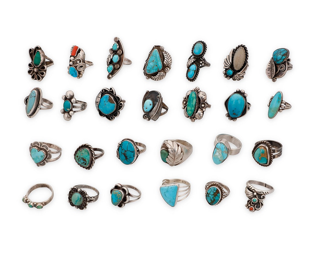 A group of Southwest style silver and turquoise rings Mid/late 20th century Eight variously marked (1 of 1)