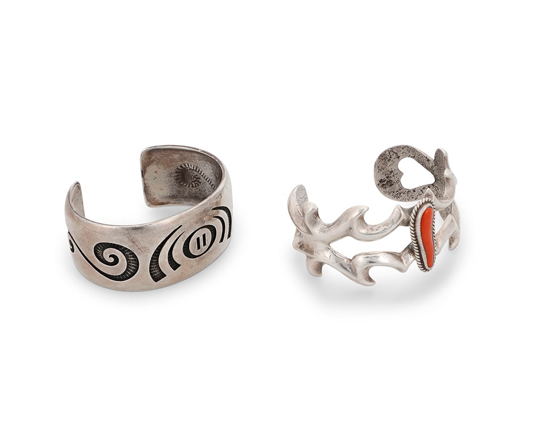 Two Southwest silver cuff bracelets Mid/late 20th century One marked: Hc [conjoined, for Hopi (1 of 2)