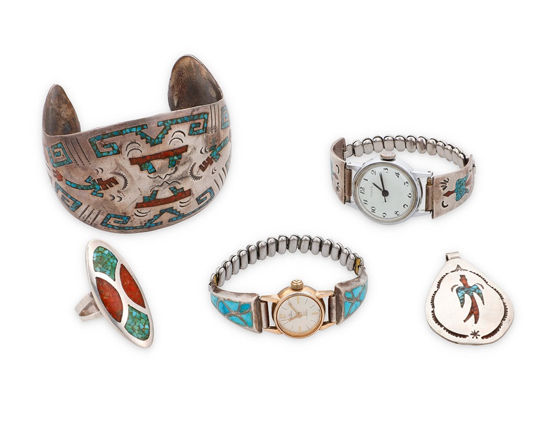 A group of Southwest style sterling silver and mosaic stone inlay jewelry (1 of 2)