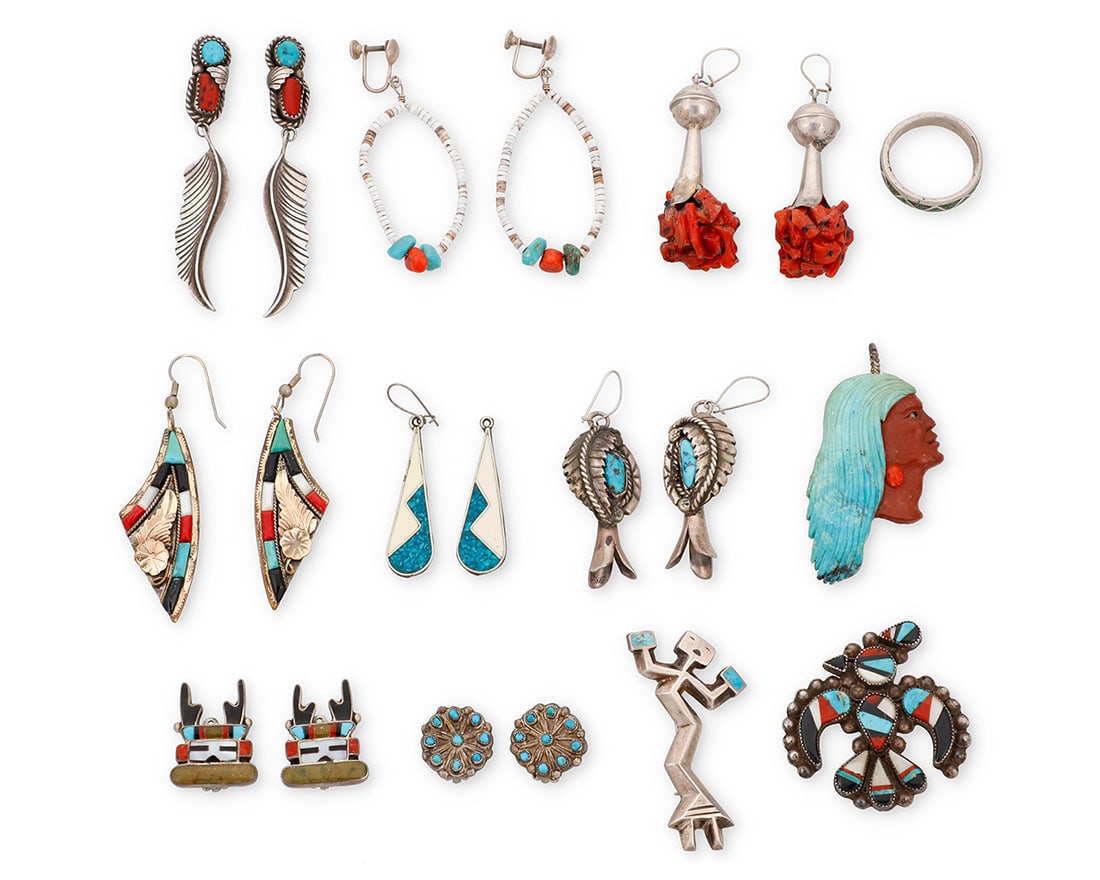 A group of Southwest style silver, turquoise and coral jewelry: A group of Southwest style silver, turquoise and coral jewelry Mid/late 20th century Pendant etched: WC Shotts / 87 W.C. Shotts (1937-2009) A carved stone portrait pendant, 1982 Signed and dated