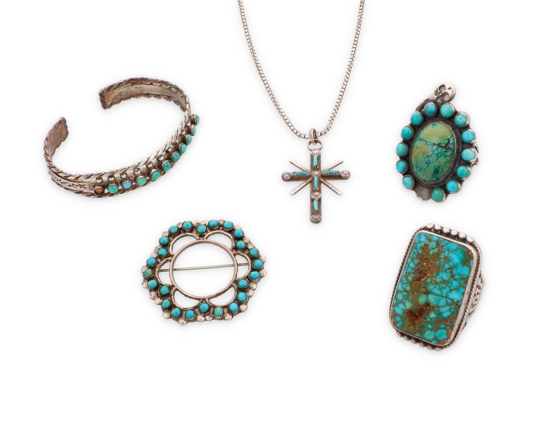 A group of Southwest style silver and turquoise jewelry Mid/late 20th century Unmarked Comprising (1 of 2)