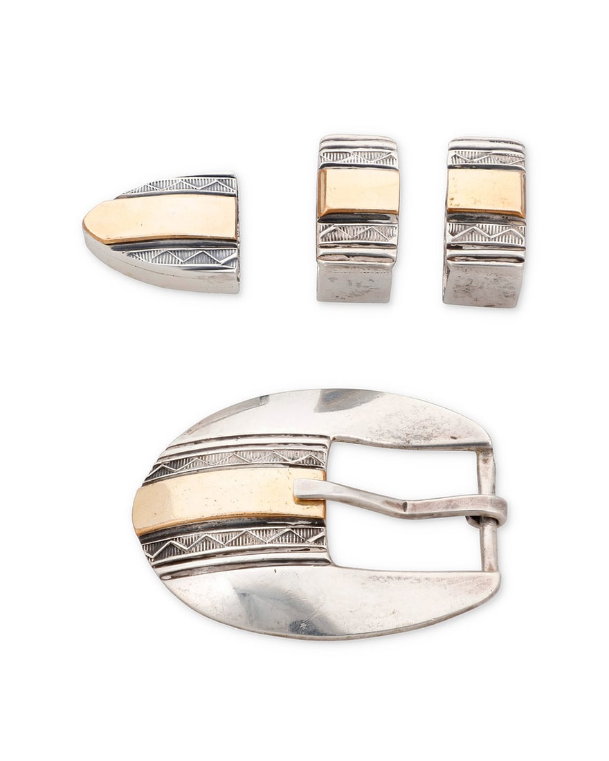 A Jeremy Delgarito Navajo sterling silver and 10K gold Ranger set Jeremy C. Delgarito (b. 20th (1 of 3)