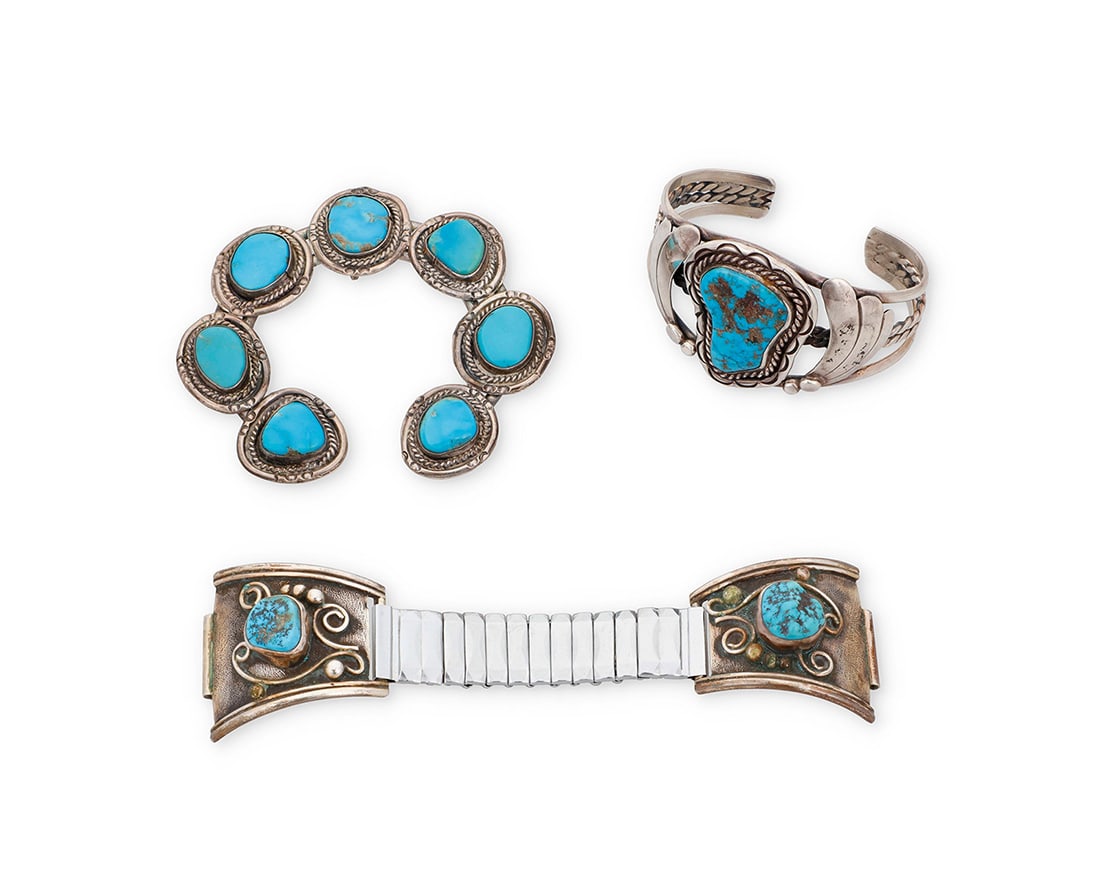 A group of Southwest silver and turquoise jewelry Mid/late 20th century Cuff etched to underside: (1 of 3)
