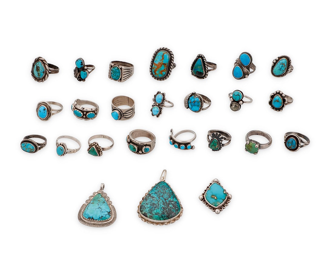 A group of Southwest style silver and turquoise jewelry: A group of Southwest style silver and turquoise jewelry Mid/late 20th century Eleven variously marked for sterling and/or for maker: Mike A.G. / Jp [conjoined, for Pacific Jewelry Co] / H / VBegay
