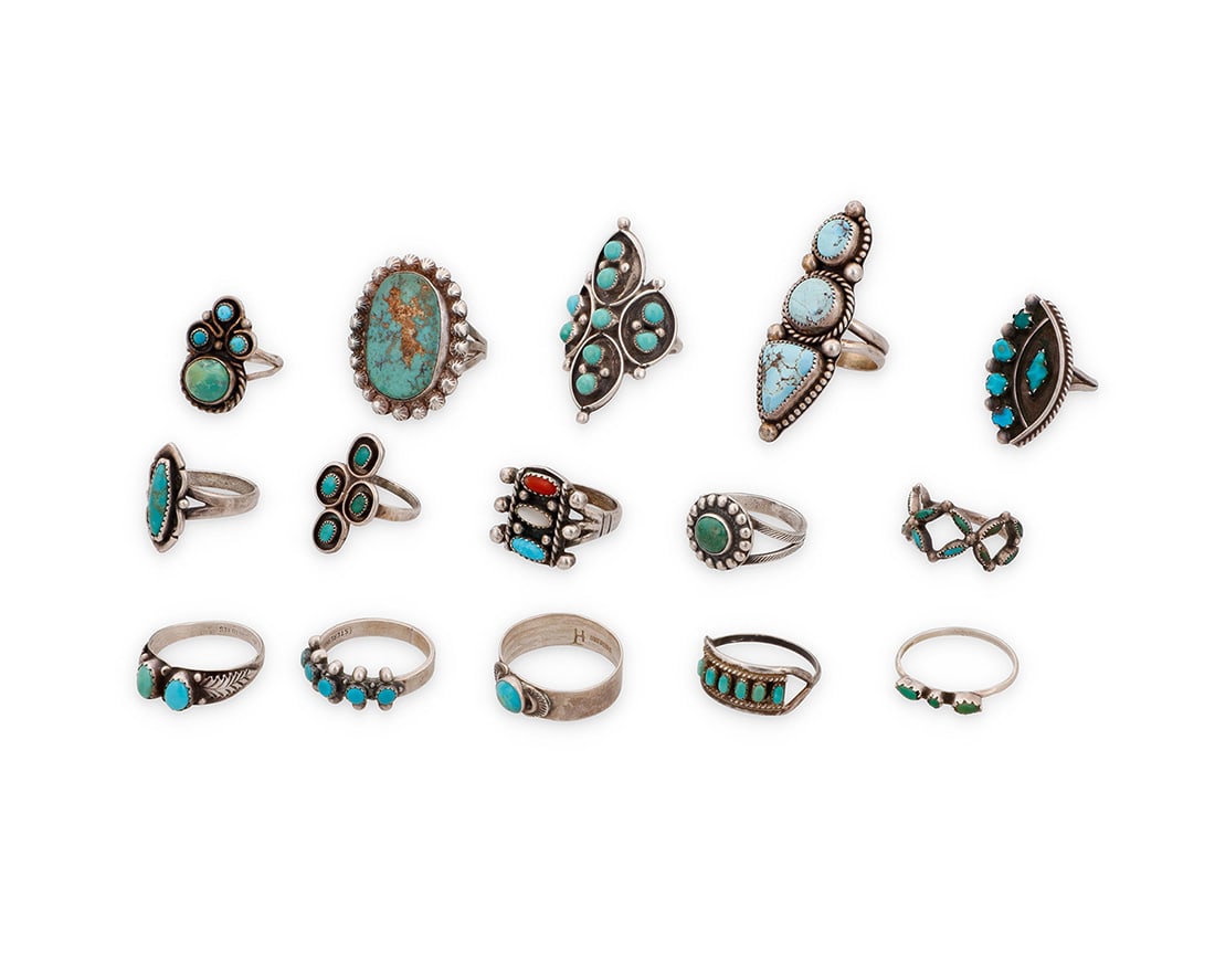 A group of Southwest style silver and turquoise rings Mid/late 20th century Six variously marked (1 of 1)