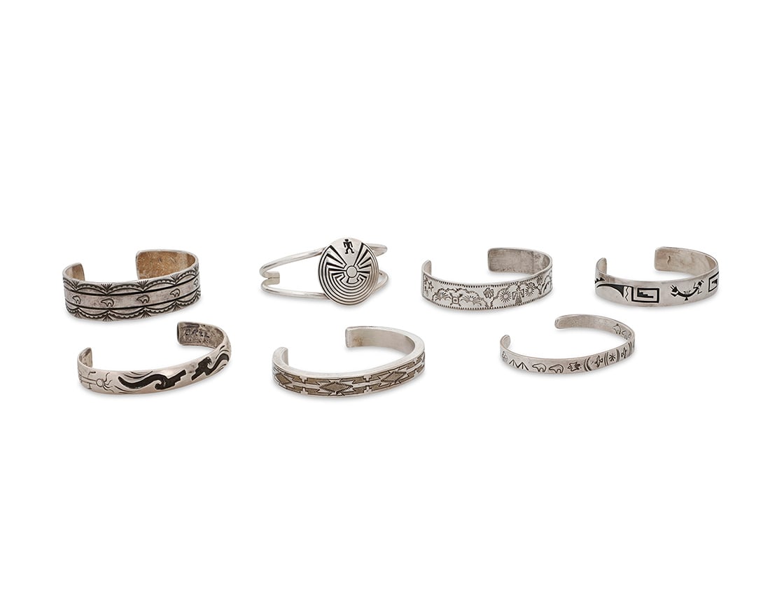 A group of Southwest sterling silver cuff bracelets Mid/late 20th century Five variously marked (1 of 2)