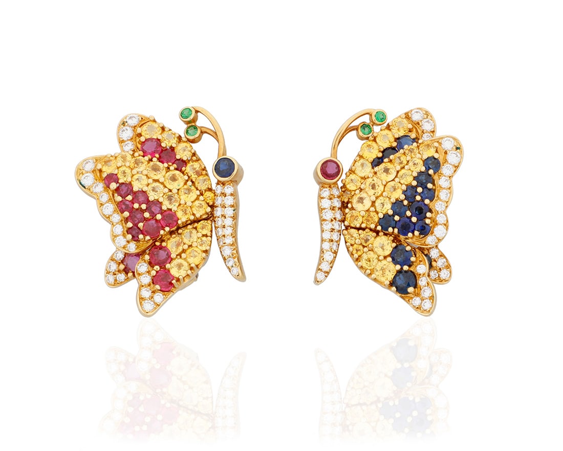 Jean Vitau: A Pair of 18K Gold and Gem-Set Butterfly Earclips (1 of 3)