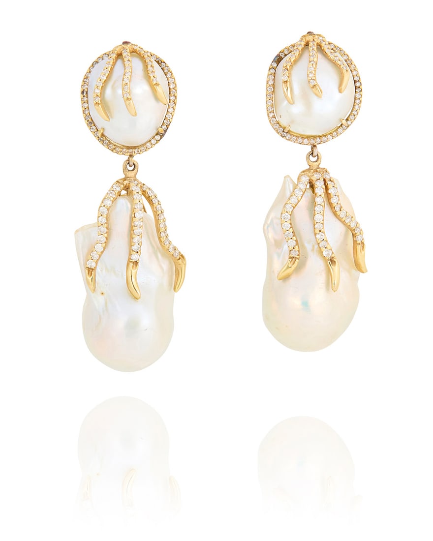 A Pair of 14K Gold, Baroque Pearl and Diamond Earclips: A Pair of 14K Gold, Baroque Pearl and Diamond EarclipsOf a pendant design suspending large baroque pearls accented by tendrils of gold set with round diamonds2 piecesMeasures: 2 1/4 x 1/234.8 grams gr