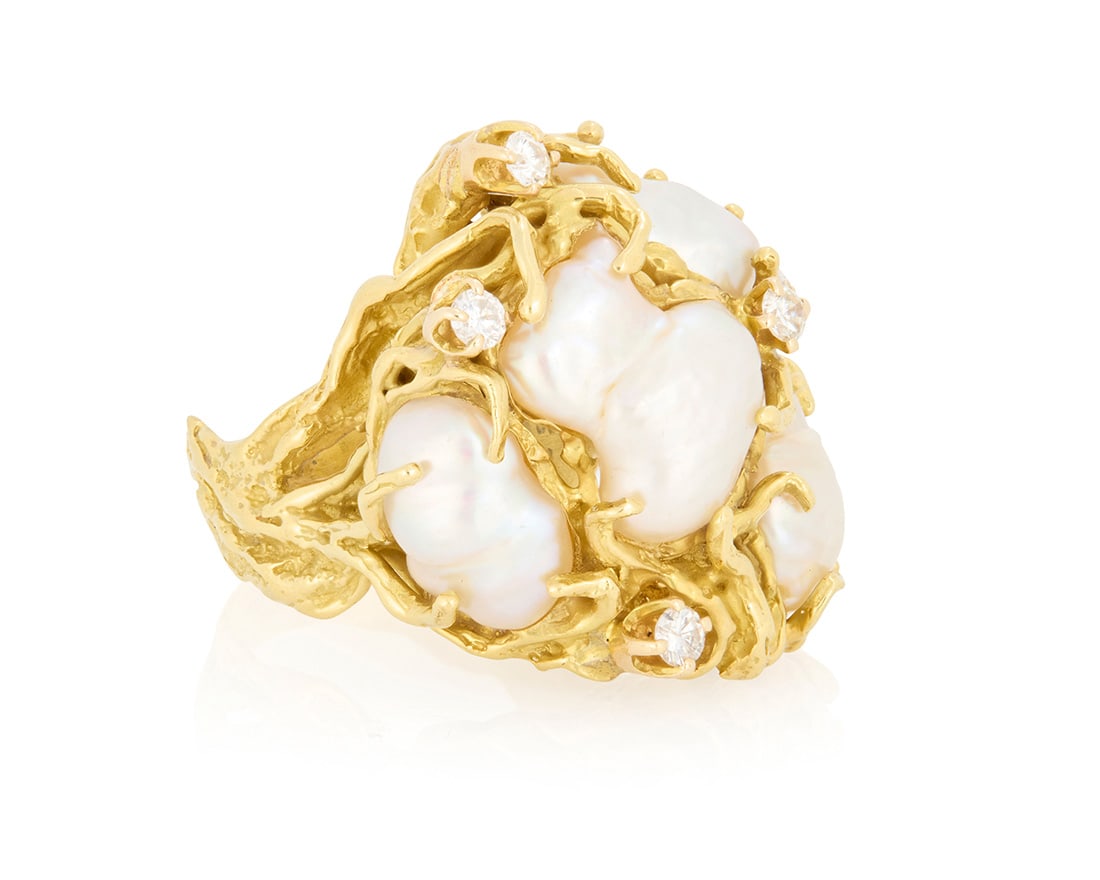 An 18K Gold, Baroque Pearl and Diamond Ring (1 of 3)