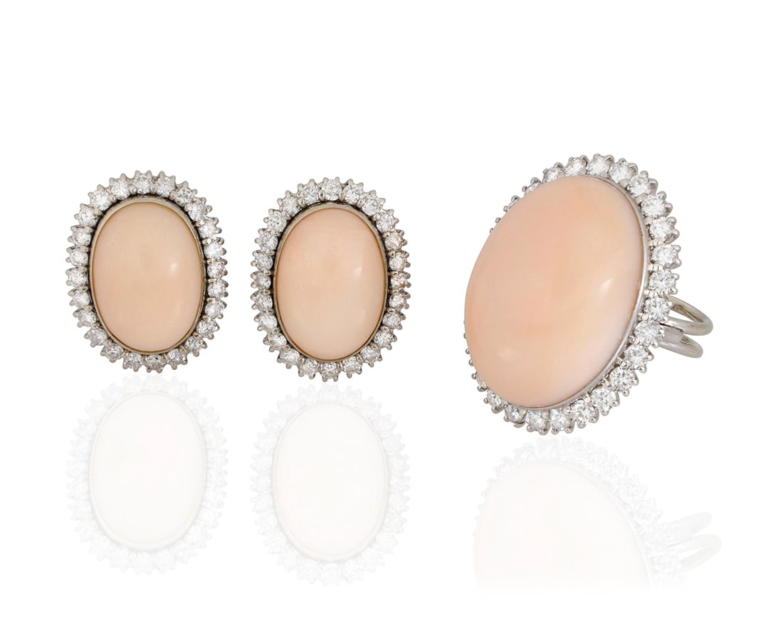 An 18K White Gold, Coral and Diamond Ring and Earring Set (1 of 3)