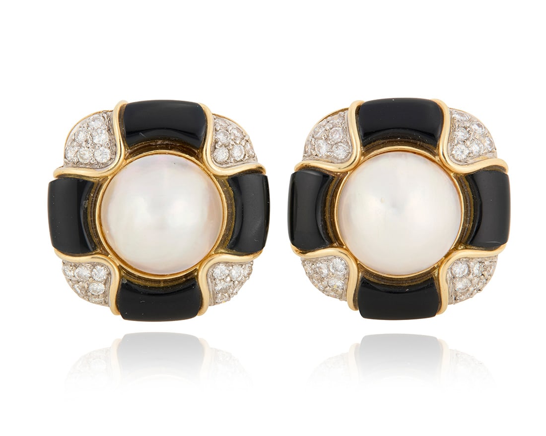 A Pair of 14K Gold, Mabe Pearl, Onyx and Diamond Earclips (1 of 3)