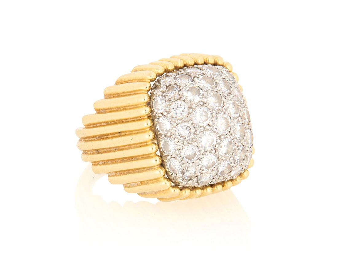 David Webb: An 18K Gold, Platinum and Diamond Ring: David Webb: An 18K Gold, Platinum and Diamond RingOf a high domed design centering round diamonds weighing approximately 3.36 carat, finished with a fluted gold mount, signed WebbSize: 7 1/218.5 grams